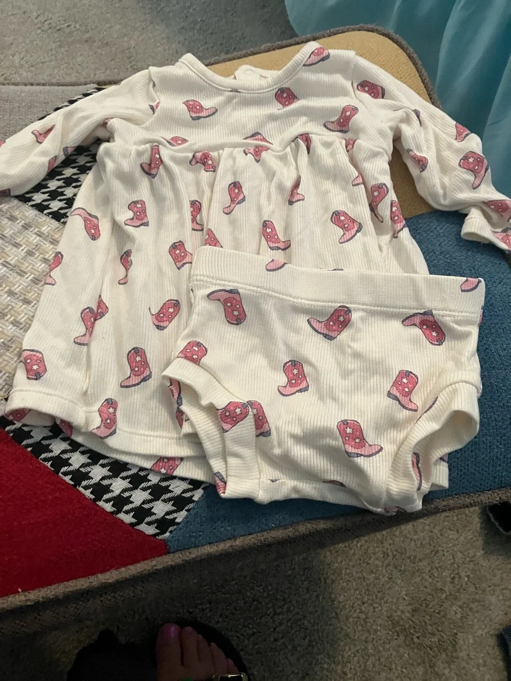 Angel Dear White Long-Sleeve Dress Pajama Set with Pink Boot Print